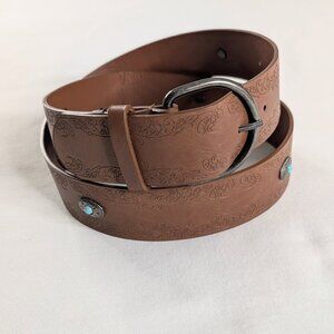 VTG Brown Tan Faux Tooled Leather Teal Silver Gem Silver Buckle Western Belt